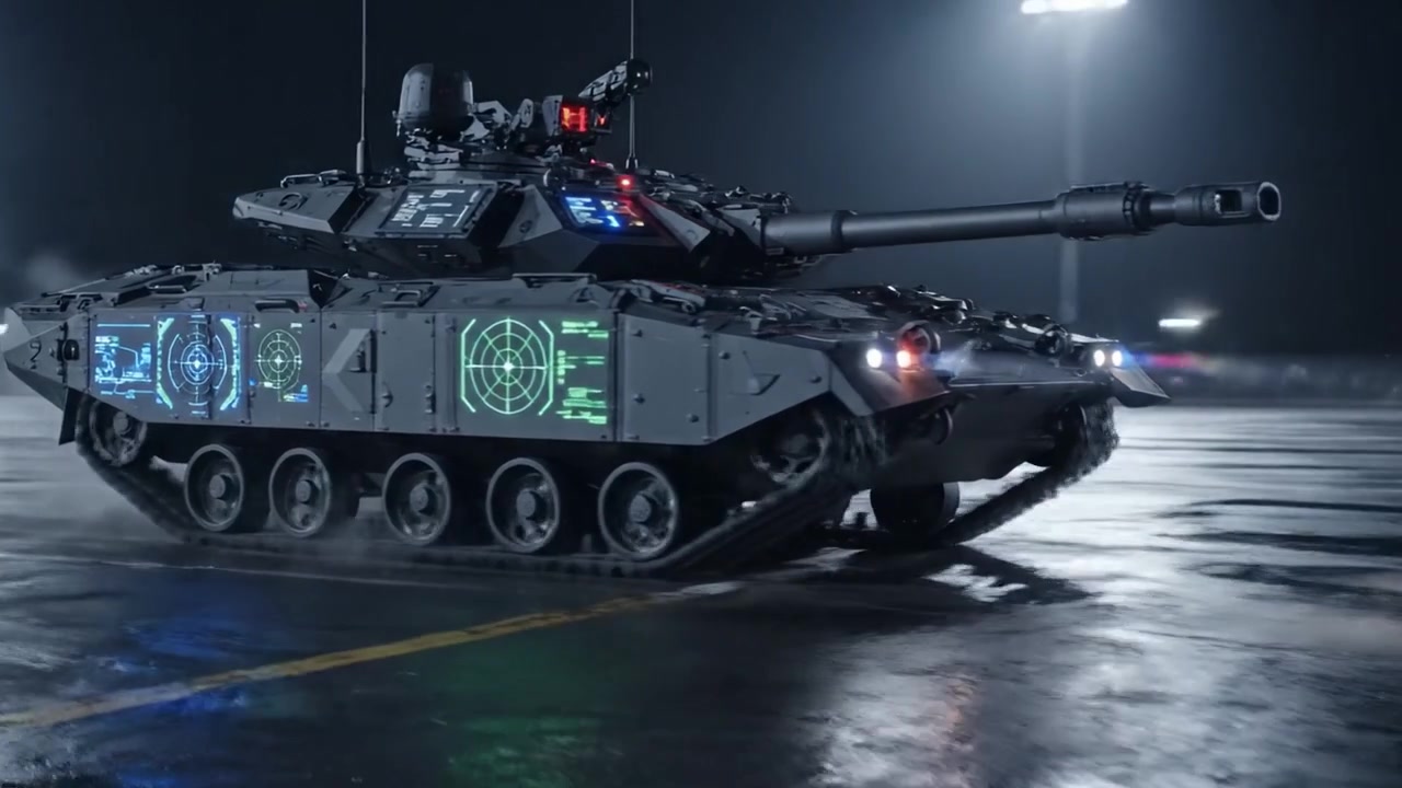 Un Carro Armato Militare High-Tech in Azione, che Mostra Caratteristiche Avanzate e un Design Futuristico in un Ambiente Urbano Notturno con Riflettori Luminosi