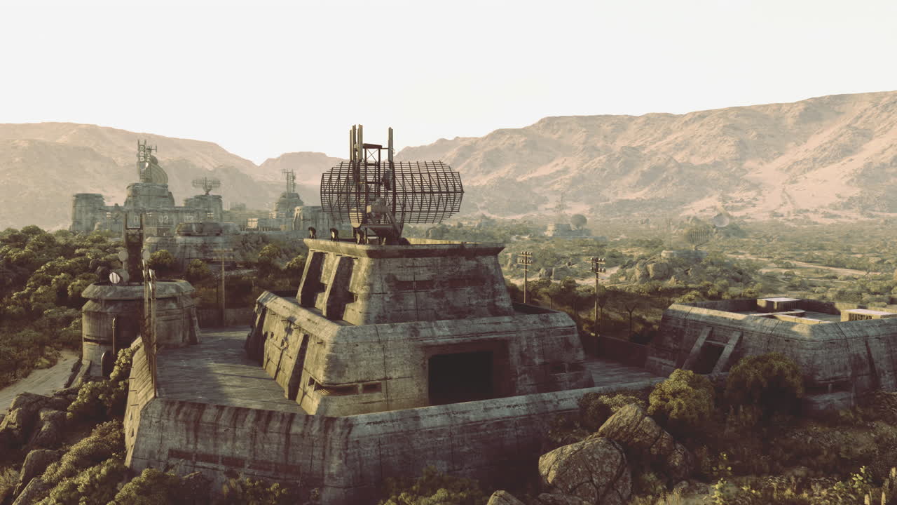 Abandoned military facility amidst rugged terrain at sunset