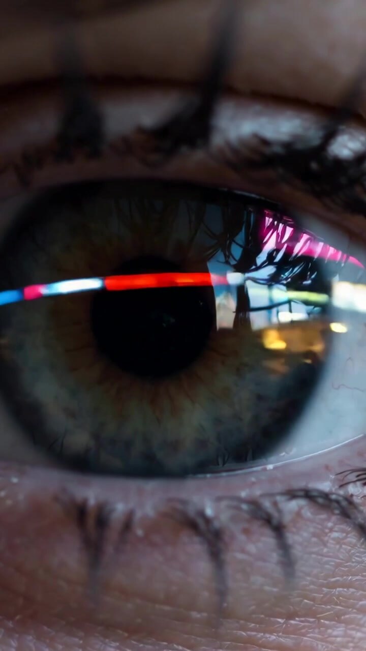 Vertical video: Tracking adult eye as gaze shifts across cornea, showing neon signs and lashes