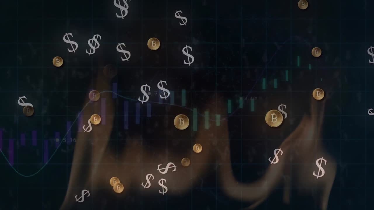 Animation of financial data processing over floating dollar signs