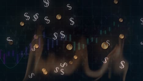 animación del procesamiento de datos financieros sobre signos flotantes de dólares