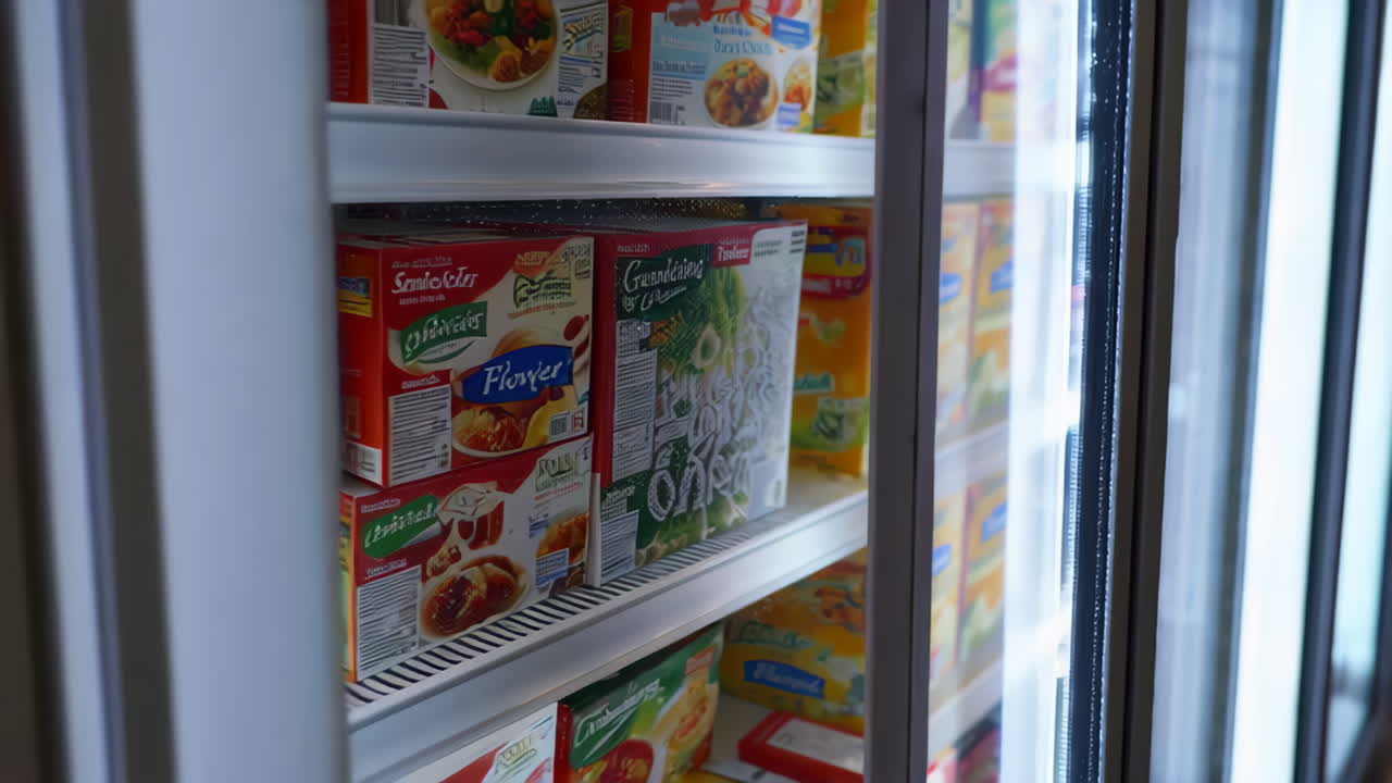 Frozen Food Section in a Supermarket Freezer