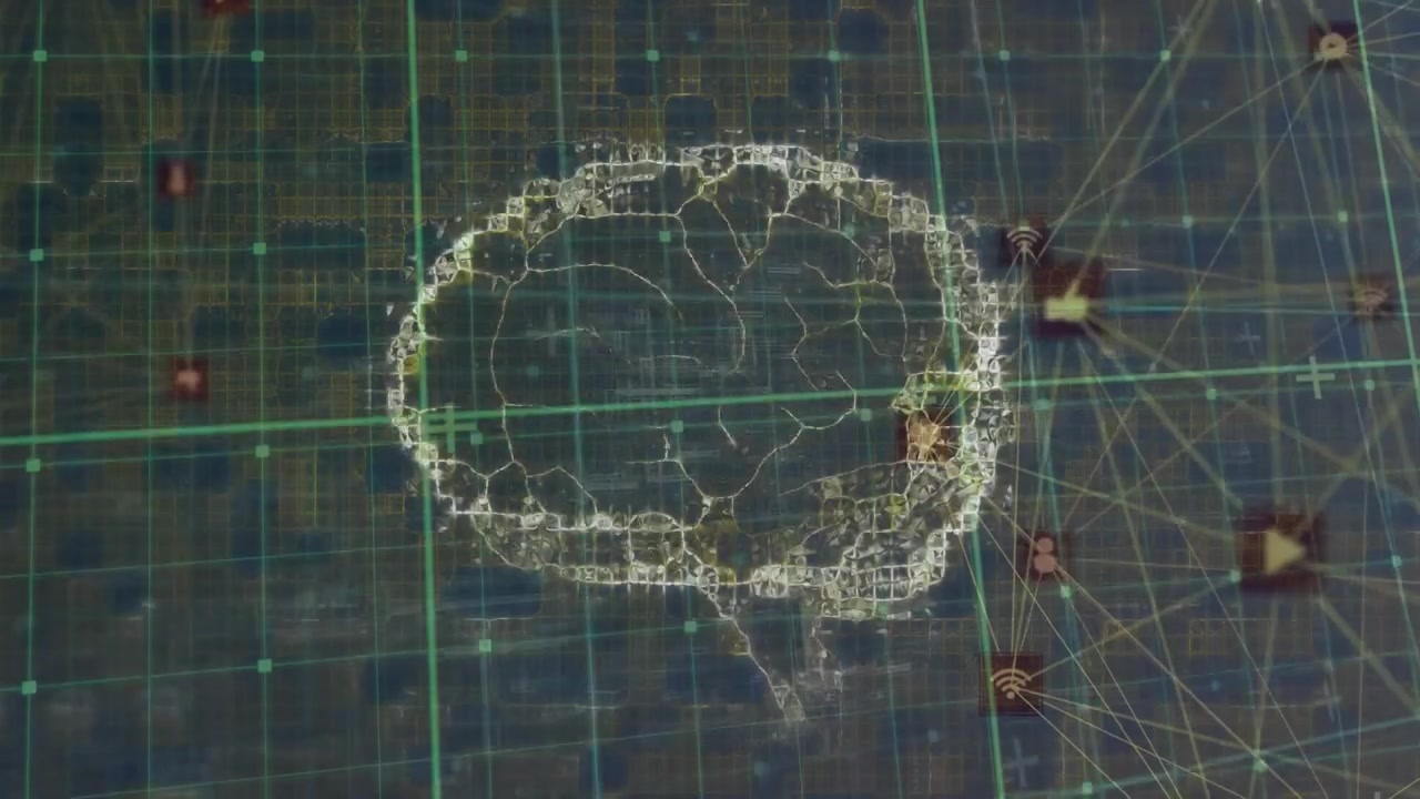 Animation of two globes of digital icons and human brain icon spinning against grey background