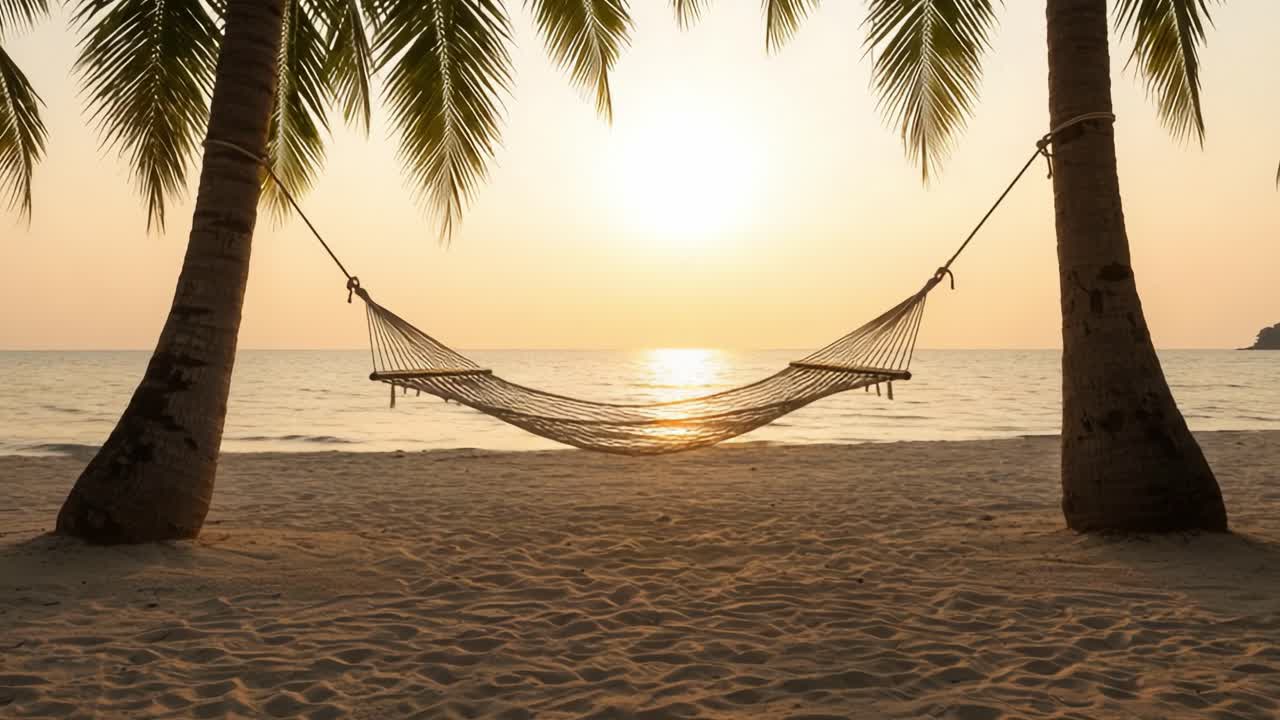 Serene Sunset Over a Tranquil Ocean Beach with a Hammock Nestled Between Palm Trees, Perfect for Relaxation and Reflection Amidst Nature's Beauty