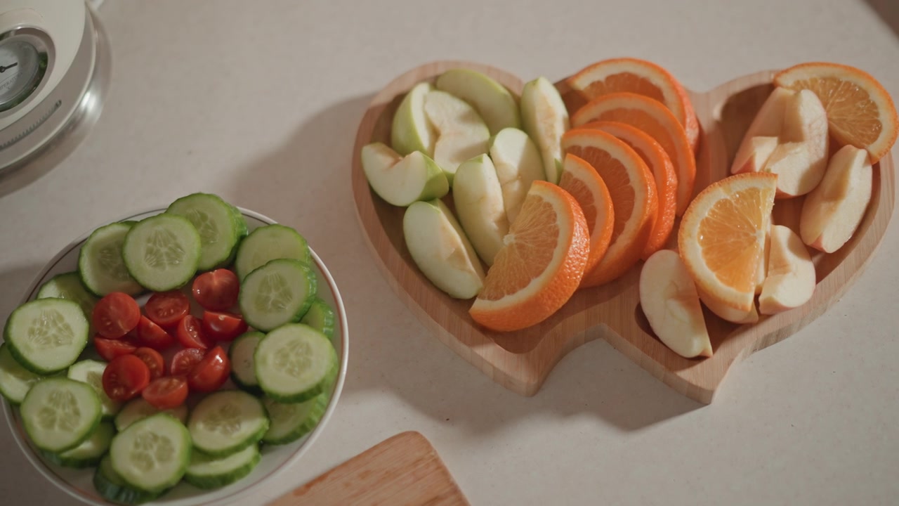 Primer plano cenital mostrando productos frescos cuidadosamente dispuestos para servir en la encimera de la cocina, con rodajas de pepino en un cuenco de cerámica junto a una tabla de madera con forma de corazón que contiene tomate, manzana y naranja.