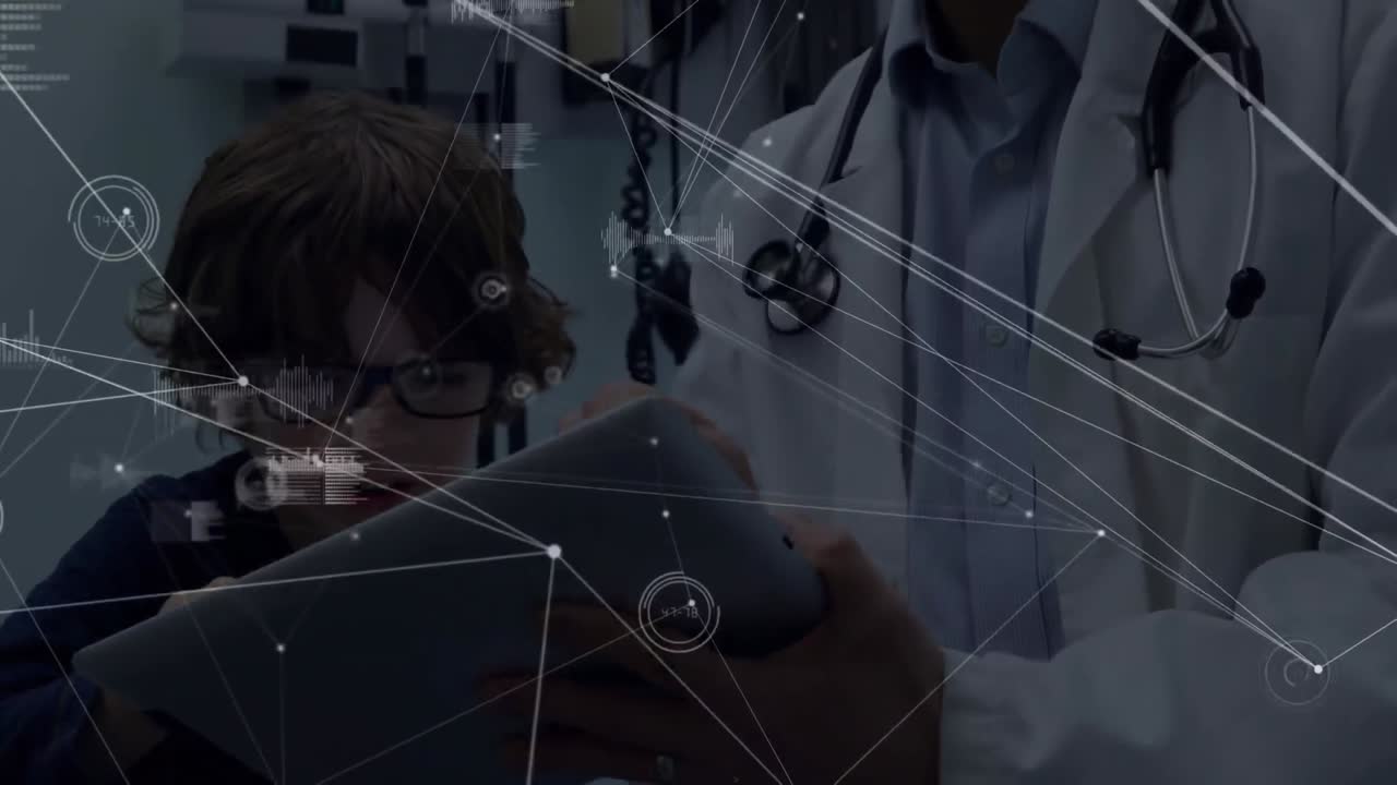 Animazione di rete di connessioni ed elaborazione dati su medico e paziente