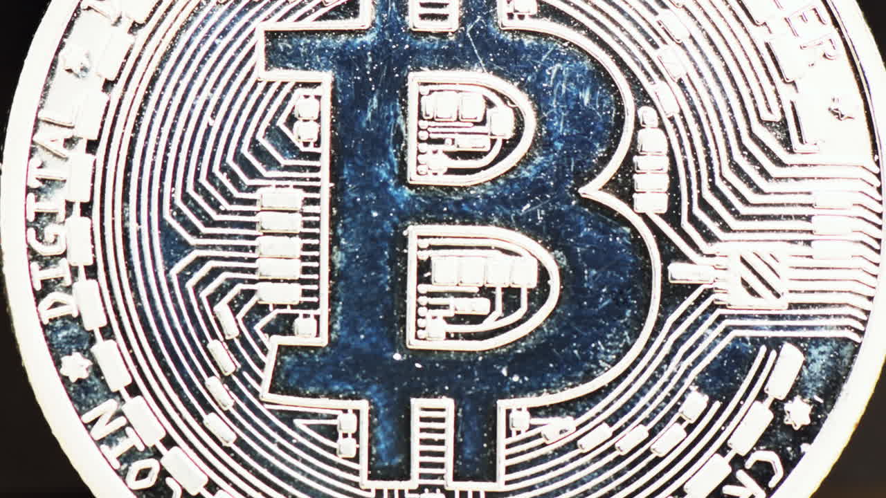 Close up macro silver bitcoin crypto currency blockchain