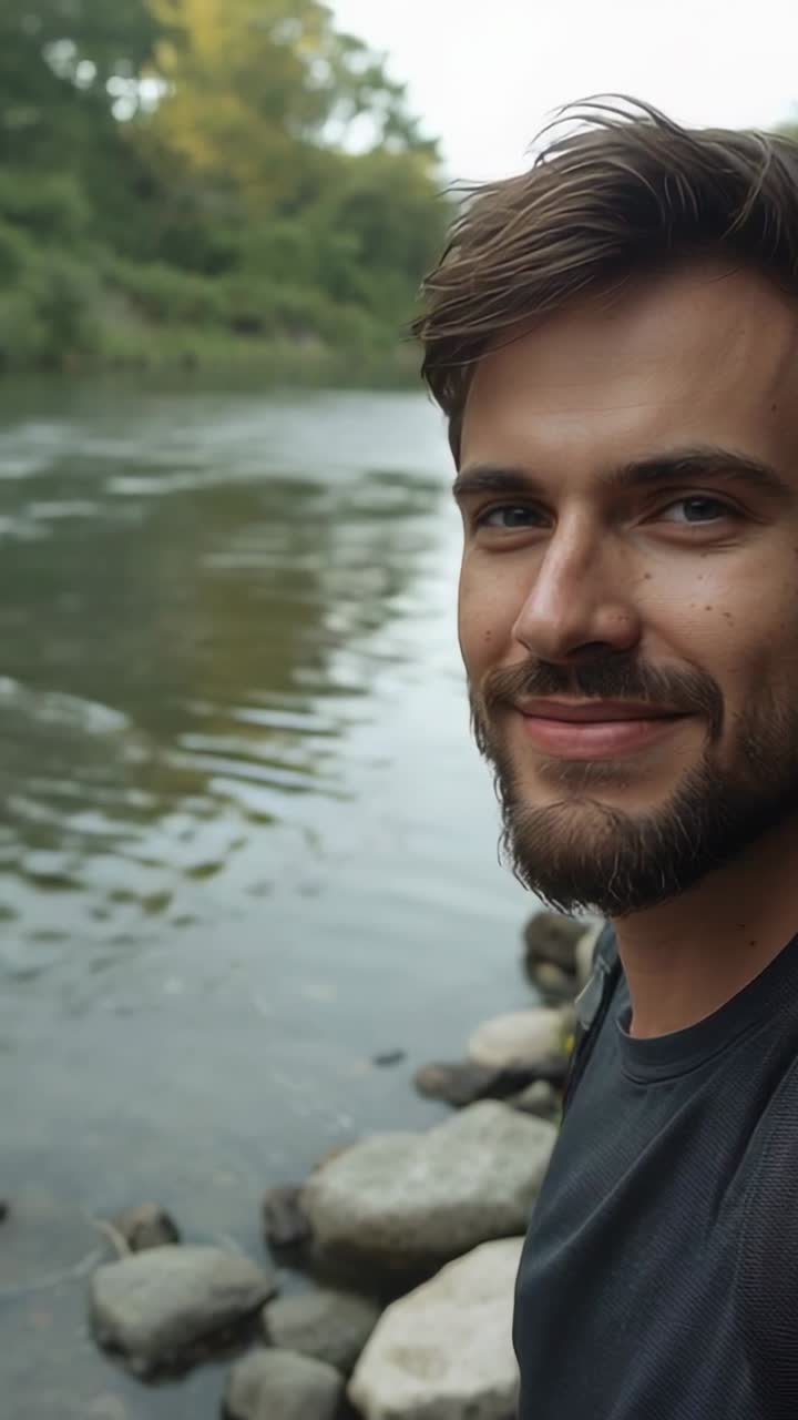 Vertikal video: Kameramann med mørk t-skjorte snur seg på steinete elvebredd og smiler, med plass for tekst.