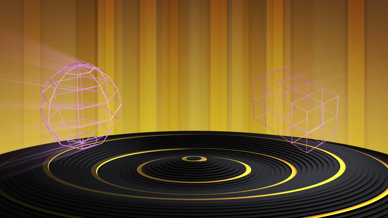 animación de formas geométricas 3d sobre podio negro y dorado y fondo dorado