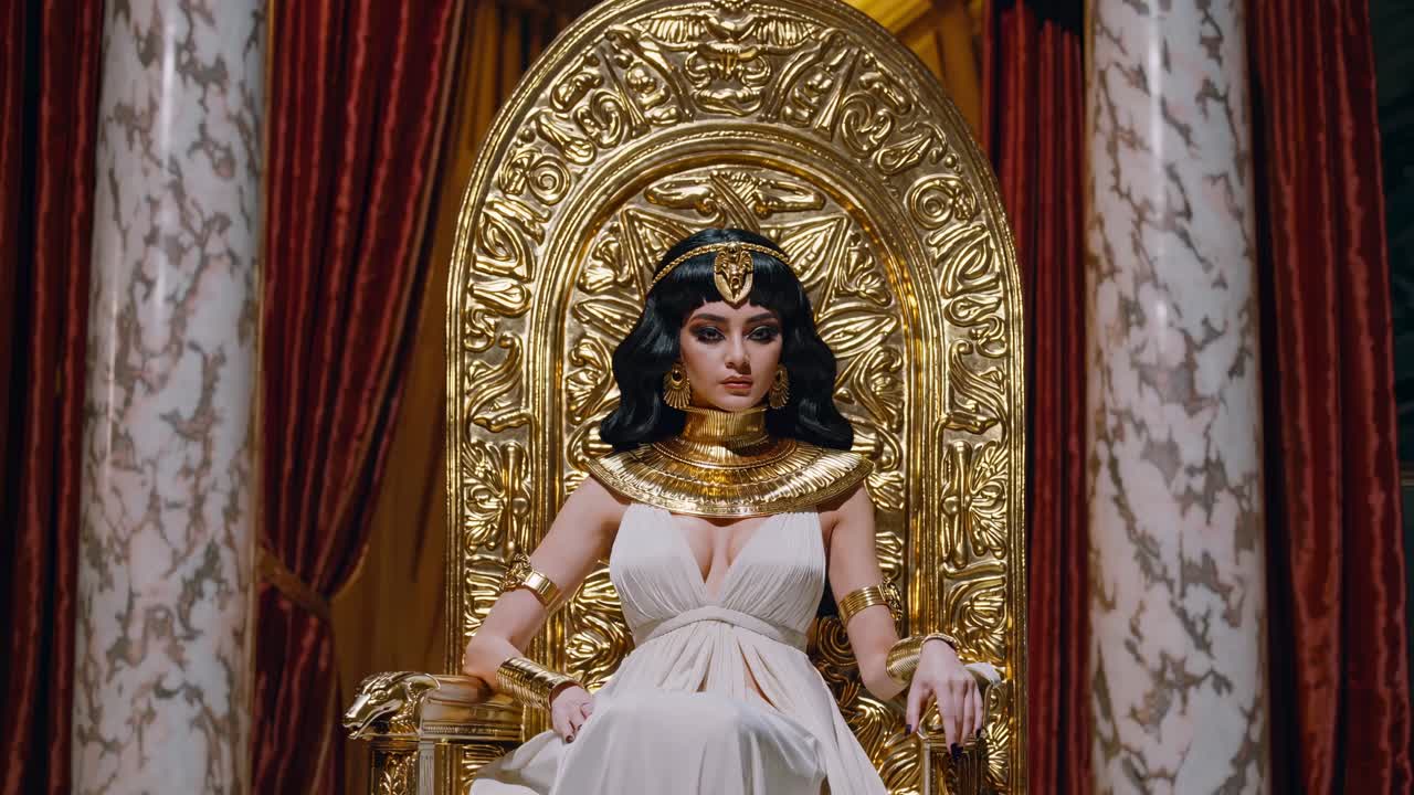 A regal woman in Egyptian attire sits on a golden throne. The video captures her from a frontal