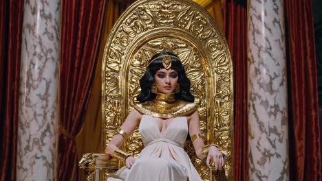 a regal woman in egyptian attire sits on a golden throne. the video captures her from a frontal