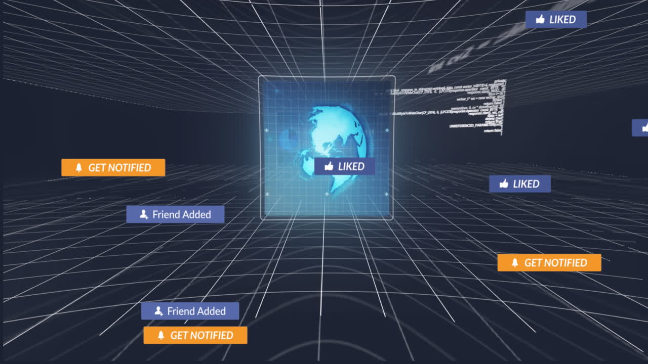 animación de iconos de redes sociales y texto sobre pantalla sobre fondo azul