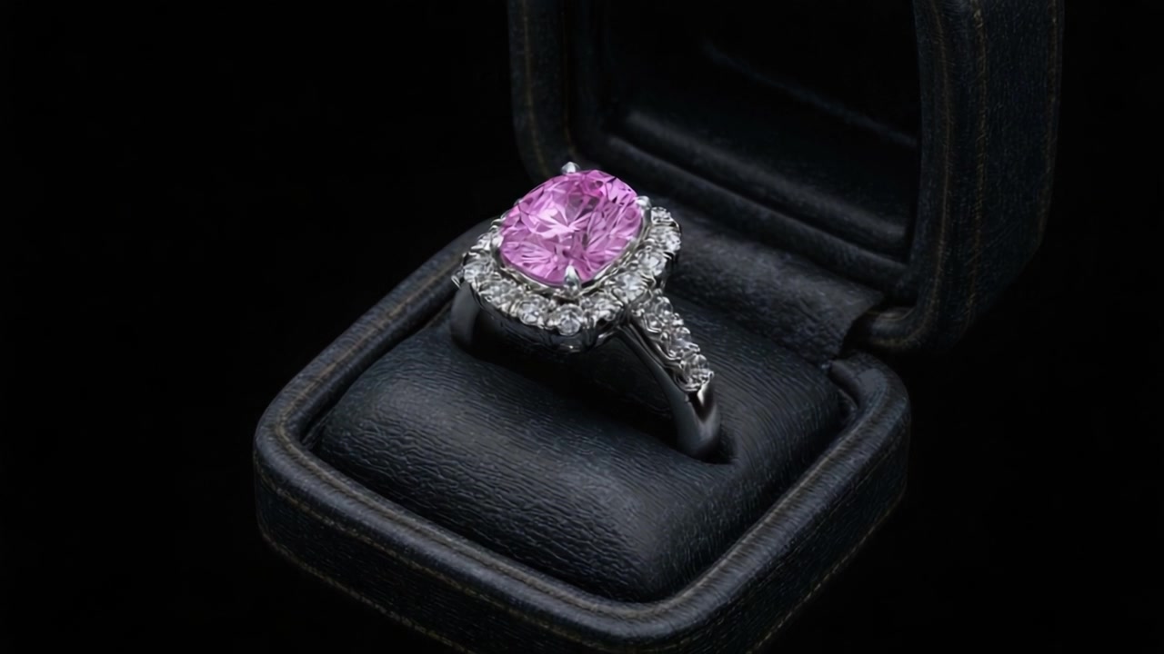 Exquisite Pink Diamond Ring Showcased in Elegant Black Velvet Box, Highlighting Intricate Design and Brilliant Craftsmanship Ideal for Special Occasions and Celebrations