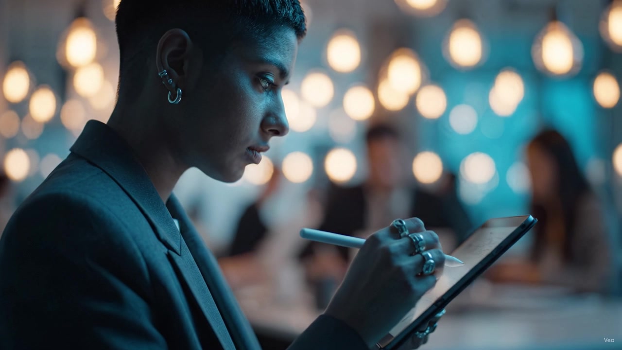 Fokussierte Person skizziert Ideen mit einem digitalen Tablet in einer gut beleuchteten Café-Atmosphäre, umgeben von sanft leuchtenden Lichtern und engagierten Kollegen