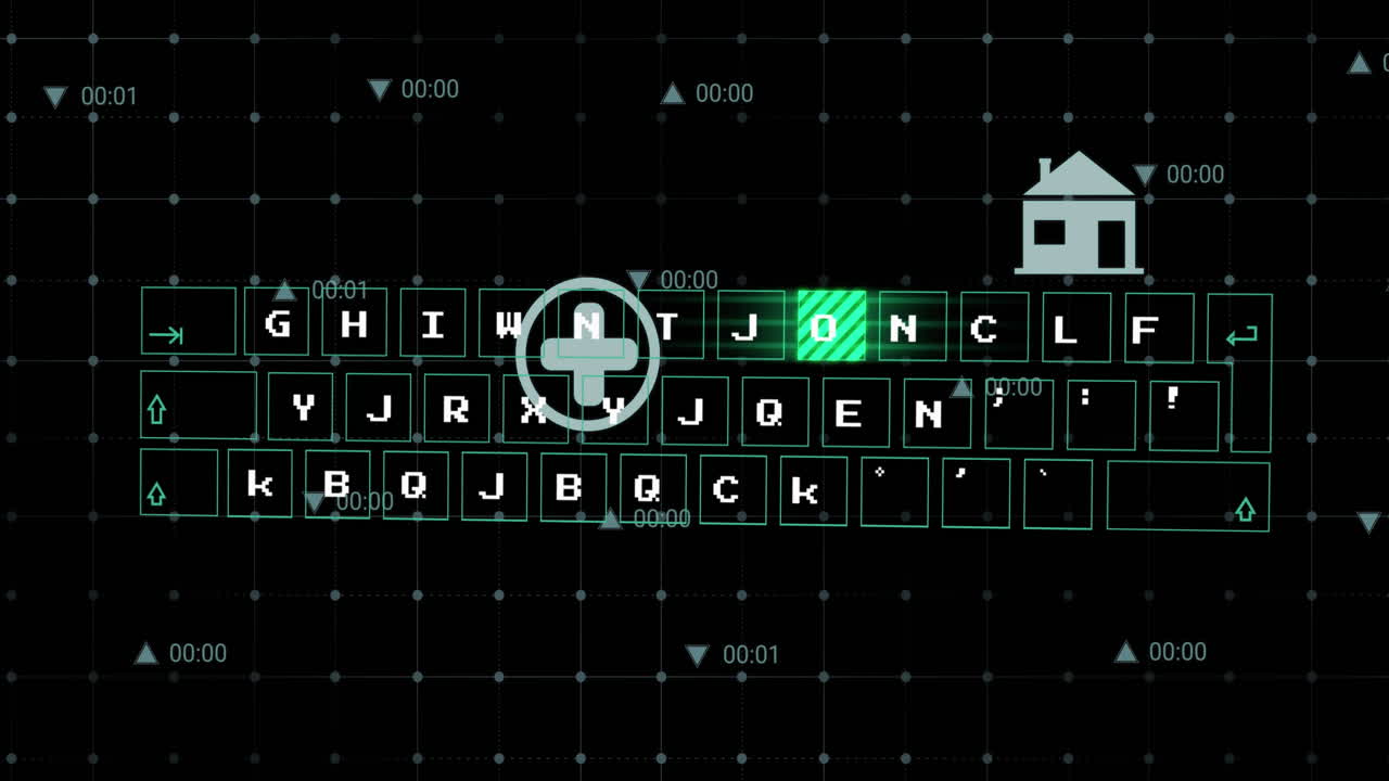 Animation of multiple digital icons and data processing over grid network against black background