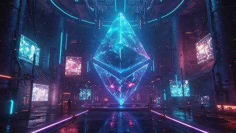 a futuristic scene featuring a glowing ethereum crystal in a high-tech environment with neon lights and digital displays emphasizing blockchain technology