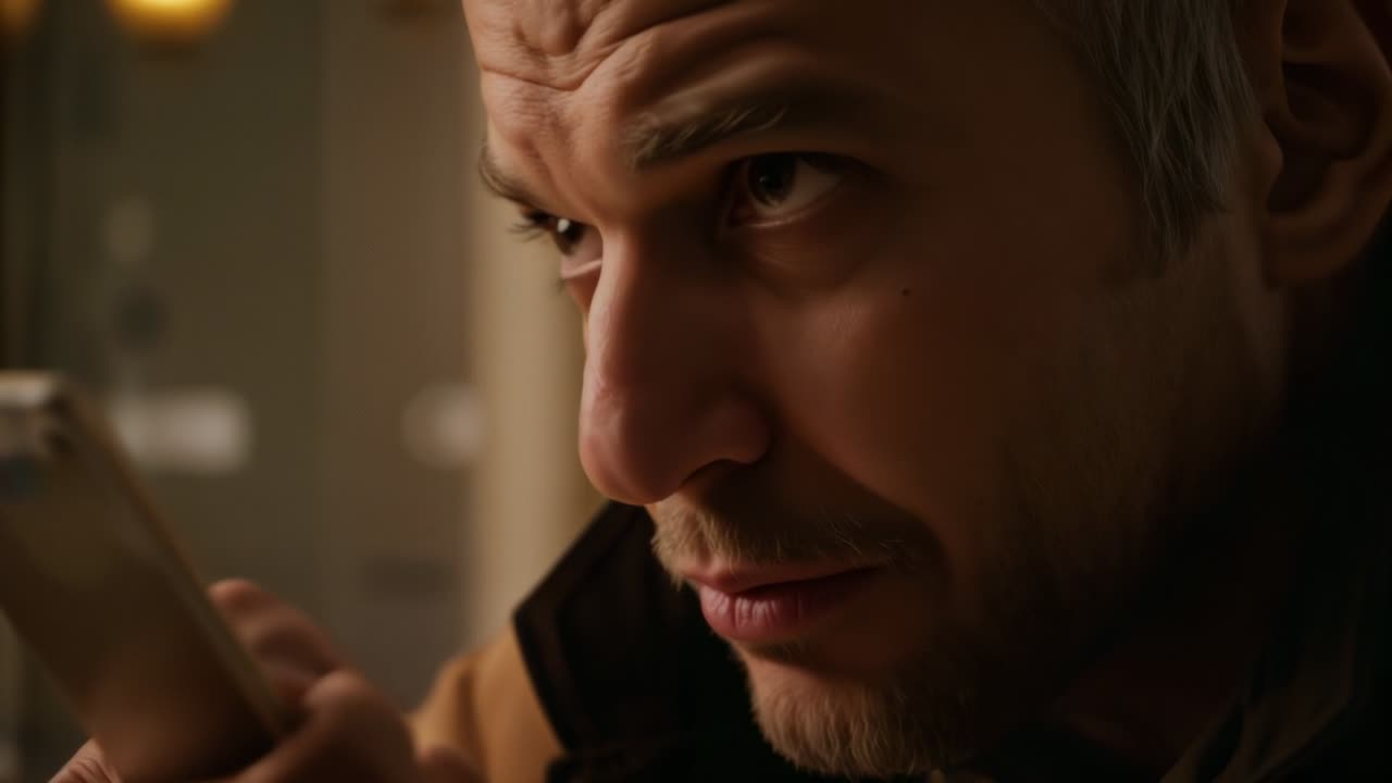 Homem reagindo à tela, aproximando o celular, inspecionando e semicerrando os olhos no provador com jaqueta escura