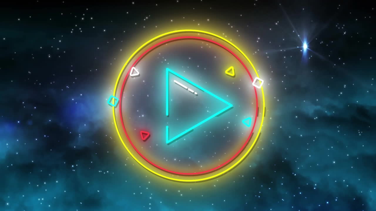 animación de formas geométricas y triángulos en círculos con estrellas contra un fondo abstracto