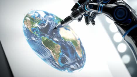 a robotic hand meticulously illustrates a stunning, detailed depiction of earth, capturing its vibrant landscapes and oceans with precision and artistic flair
