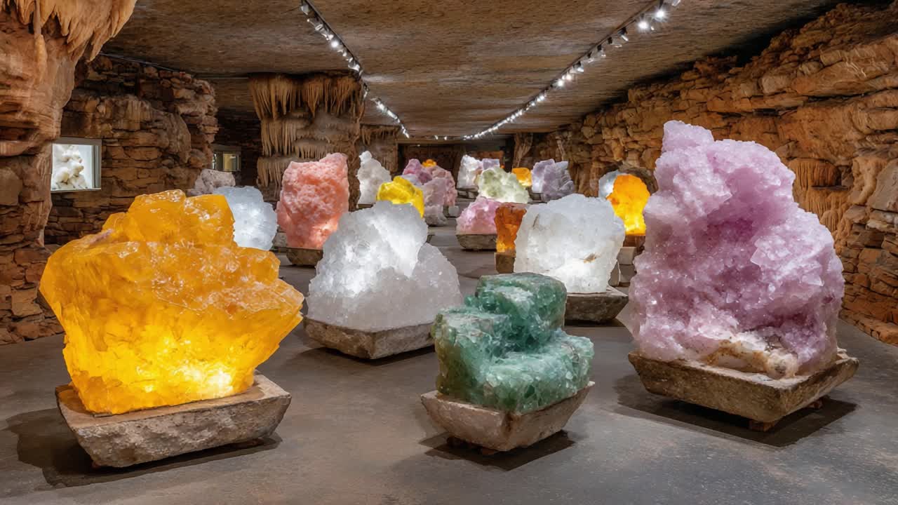 Stunning Display of Vibrantly Colored Crystal Formations in a Natural Exhibition Space, Showcasing a Diverse Array of Beautifully Shaped Minerals and Geological Wonders