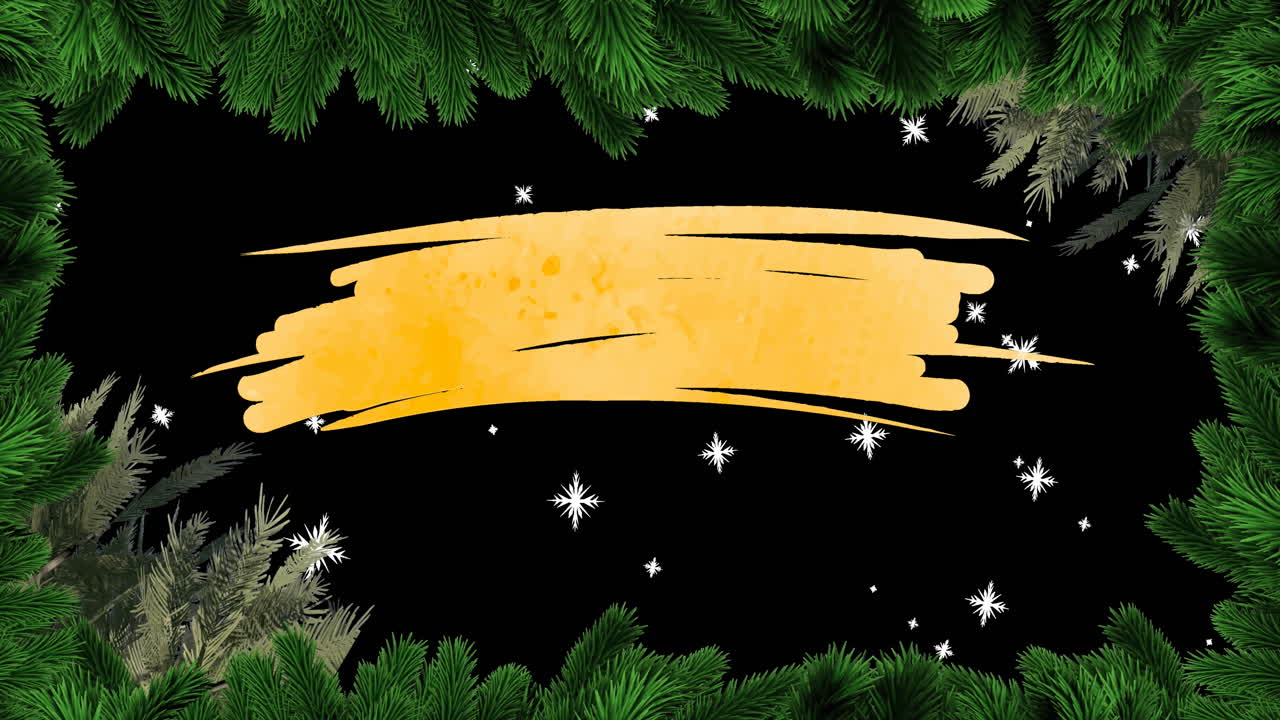 Animation of falling snowflake over green leaves frame against black background