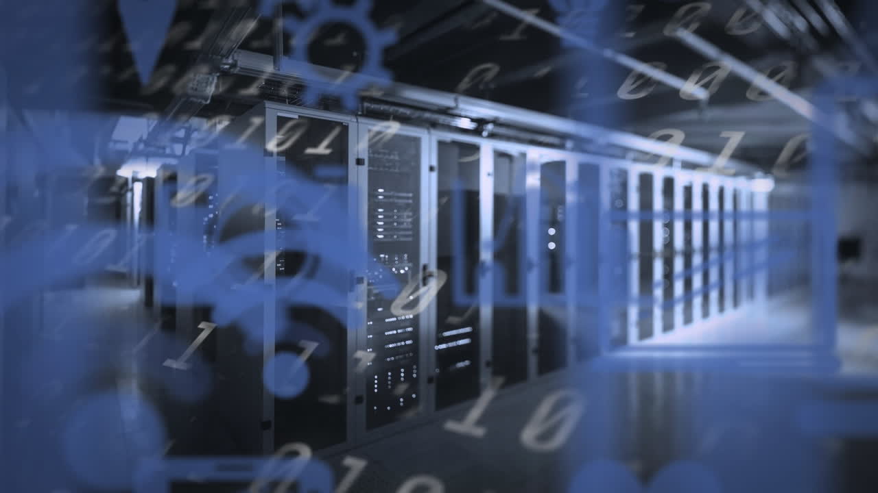 animación de codificación binaria y iconos de medios sobre la sala del servidor