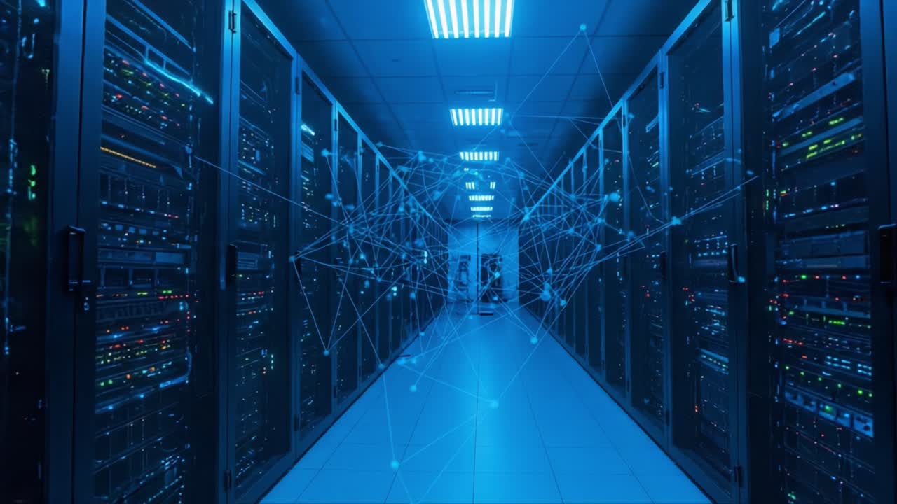 Et fascinerende innblikk i hjertet av et datasenter som viser høyteknologiske serverrack sammenkoblet av digitale nettverk, opplyst i strålende blått lys.