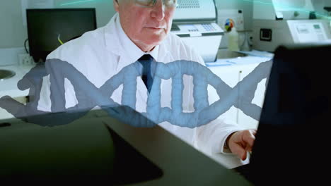 animation of dna strand over caucasian male scientist using computer