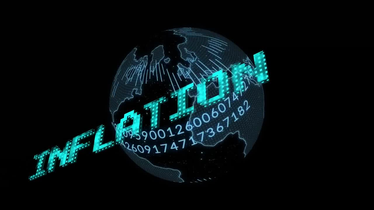 Animation of inflation text in blue over globe and processing data on black background