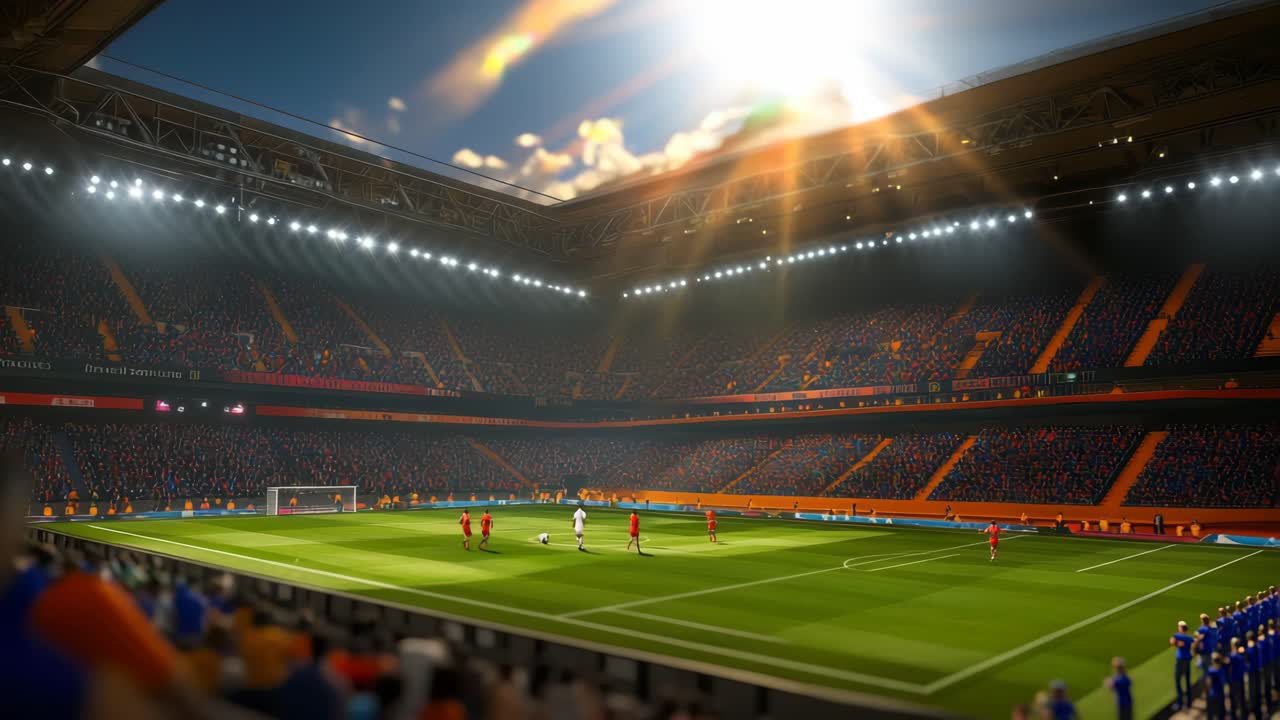 Inquadratura grandangolare dinamica di uno stadio di calcio vivace, che cattura l'energia di una partita dal vivo