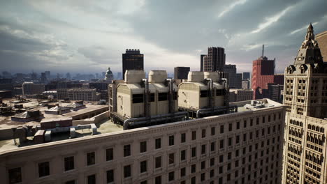 aerial view of urban skyline with rooftops and historic buildings in daylight