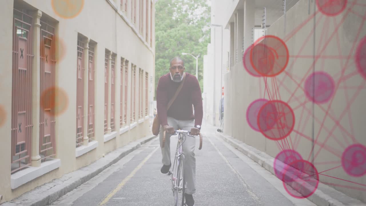 아프리카계 미국인 남자가 도시에서 자전거를 타고 있는 디지털 아이콘으로 네트워크의 애니메이션