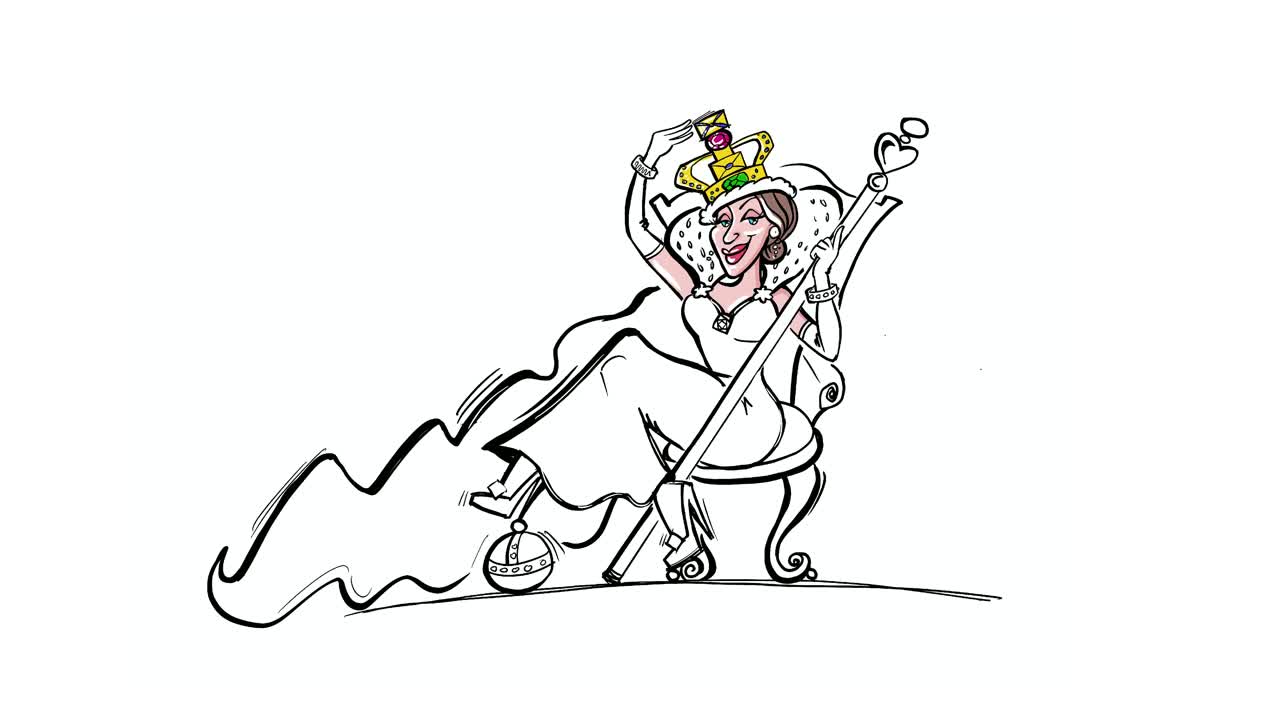 검은색과 색에서 컬러로 그려지는 여왕의 애니메이션