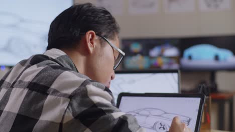 close up side view of asian male having a headache while drawing new car design concept on a tablet in the studio with tv and computers display 3d electric car model