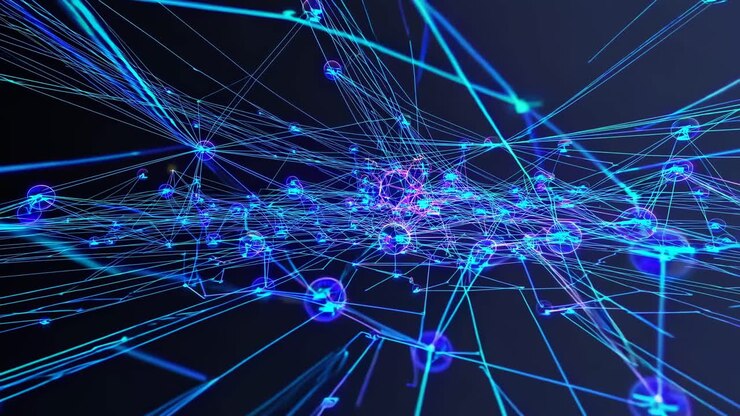 Dynamic video concept with a low-angle view of glowing blue lines and nodes, creating a futuristic