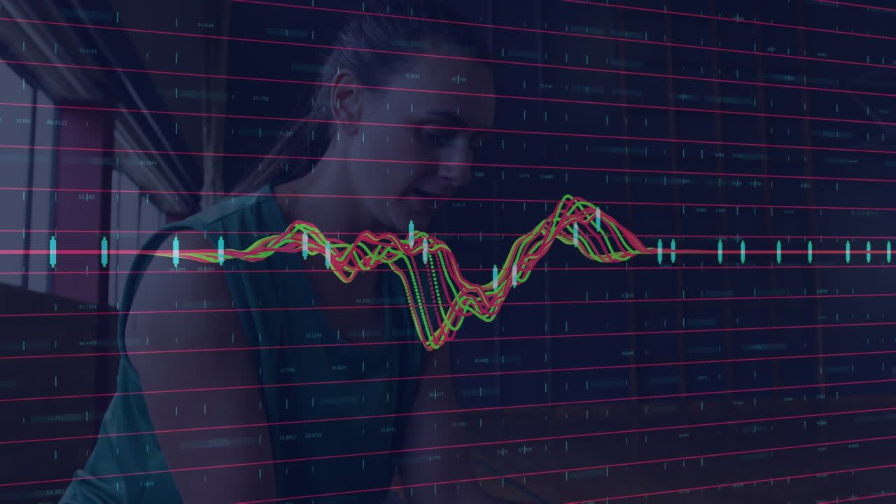 animação do processamento de dados financeiros sobre uma jogadora de basquete caucasiana no ginásio