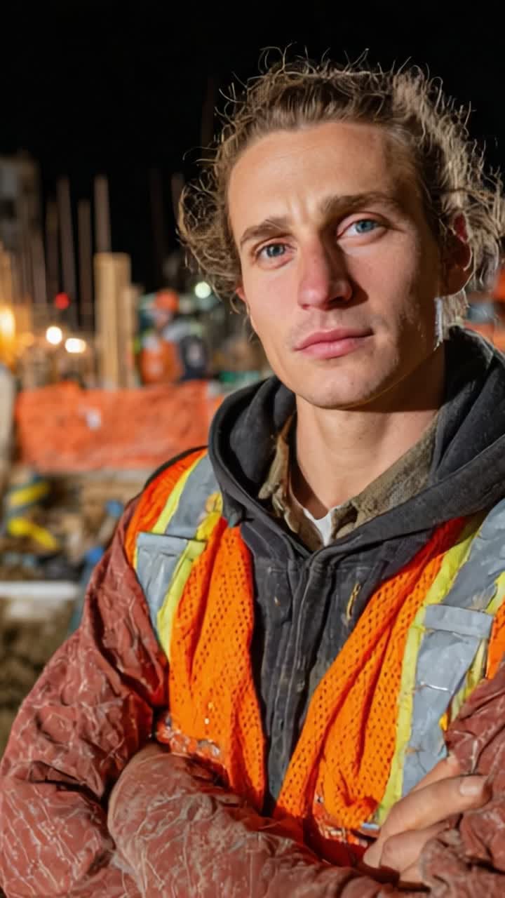 Focused Construction Worker at Night: A Portrait Capturing Determination and Commitment Amidst Urban Development and Safety Gear