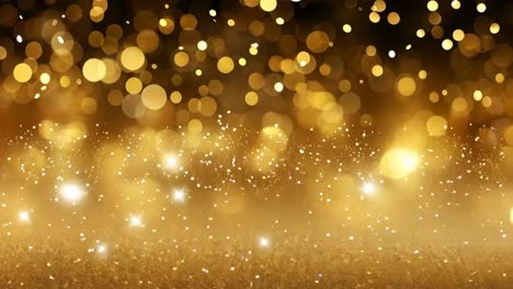 Golden bokeh lights create a festive, dreamy atmosphere. The video captures a blurred, low-angle
