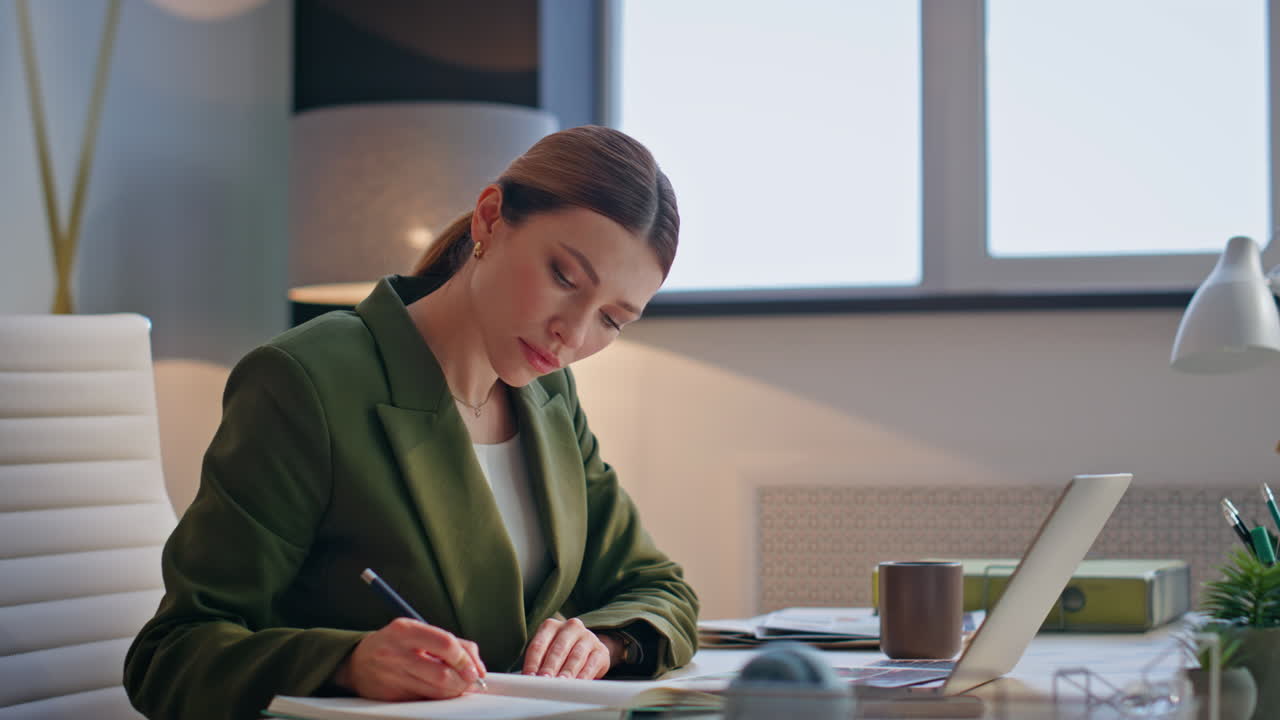 Office woman working papers at light workspace closeup. Manager study documents