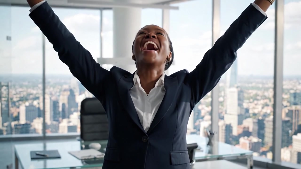 An Empowered Professional Celebrates Success in a Modern Office Environment with a Breath-taking City View