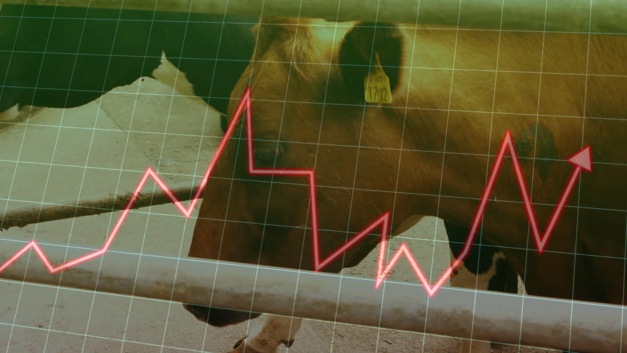 3D render showing brown cow standing behind fence with green grid overlay showing rising red line
