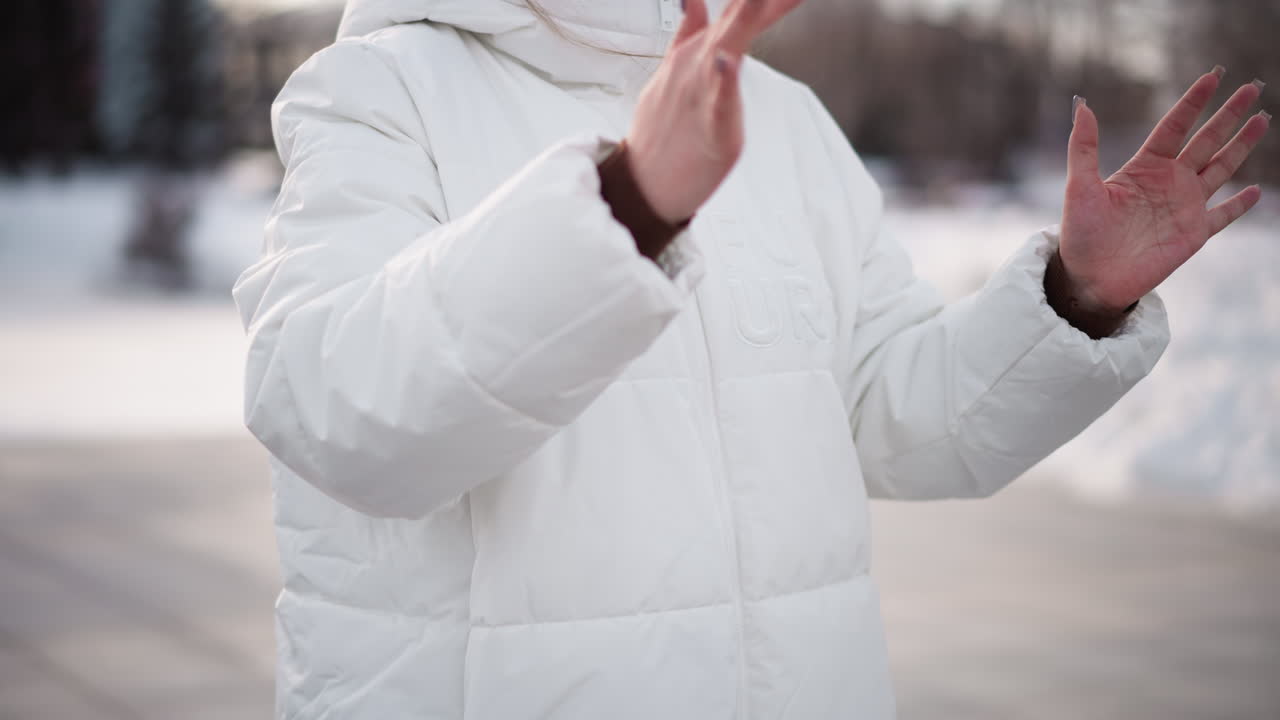 Teenager rolling her hands inside snow jacket sleeves while standing outdoors on tiled pavement under winter light with backdrop of snow piles and urban park setting capturing casual warmth gesture