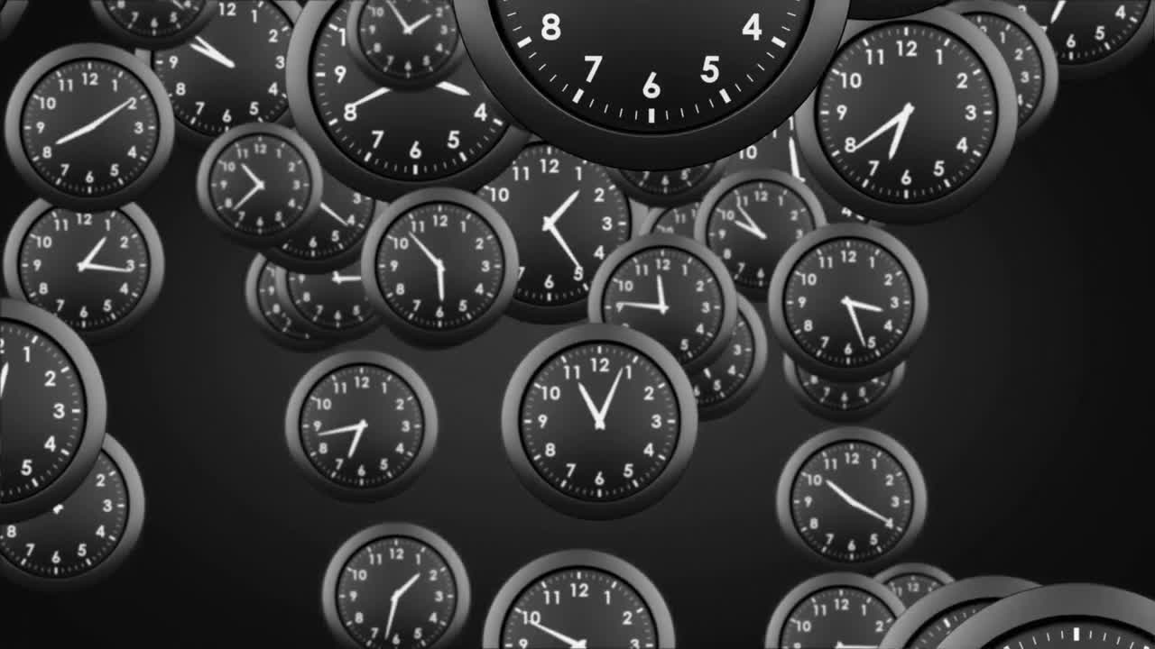 Animation of multiple clock moving on black backgorund