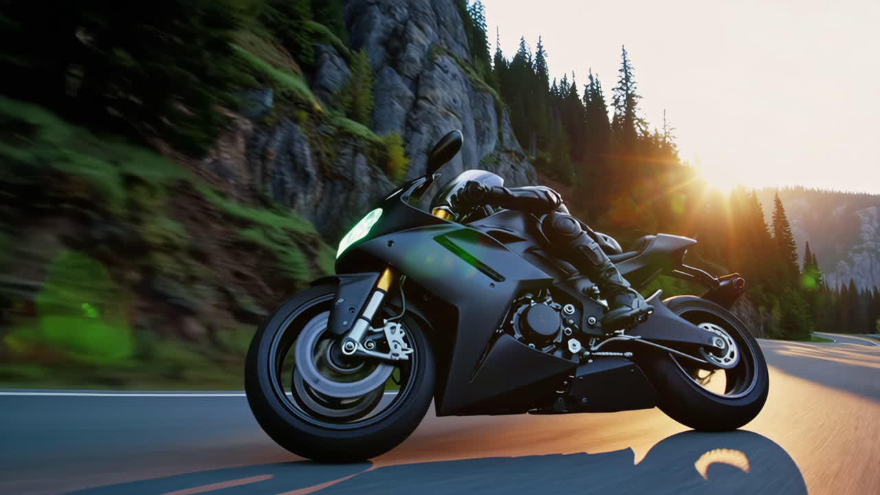 Motorcycle Racing Through Mountain Road at Sunset