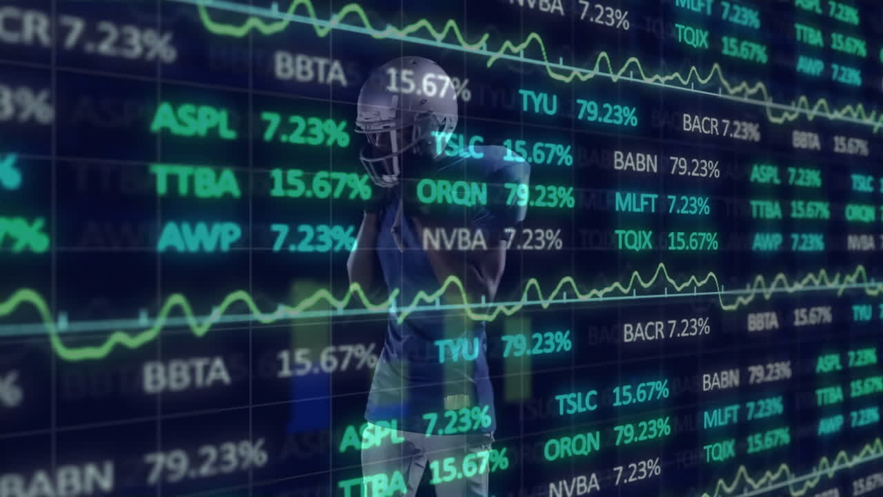 Giocatore di calcio in movimento con animazione di dati di borsa e grafici finanziari