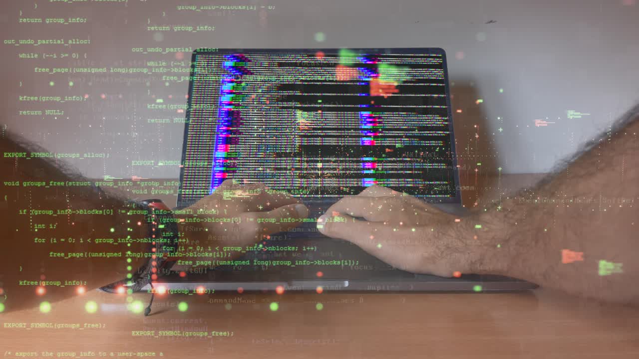 Hands coding on laptop with colorful glitch effect on screen and floating code