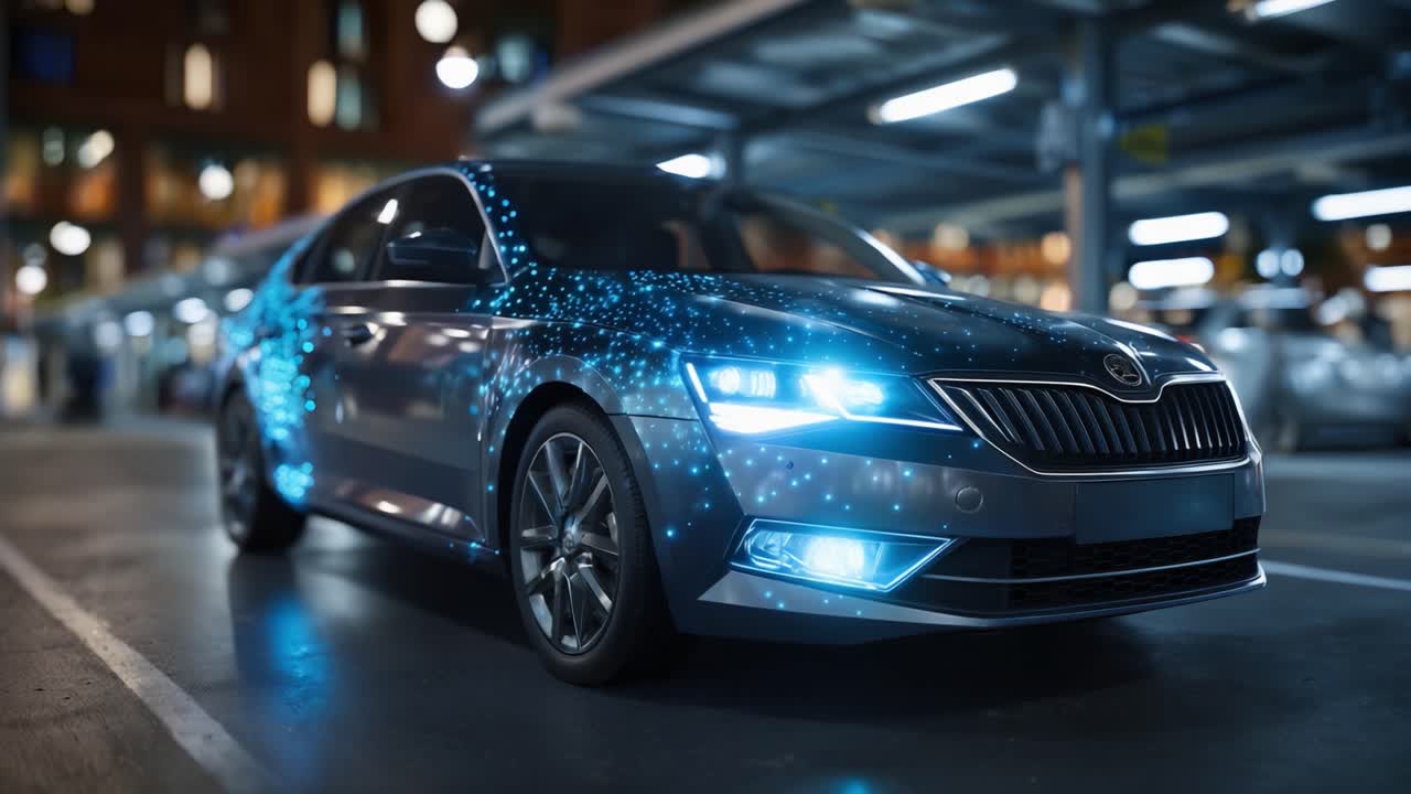 Auto futuristica illuminata da abbaglianti luci blu, che mostra tecnologia avanzata parcheggiata in un garage moderno pieno di altri veicoli durante la notte
