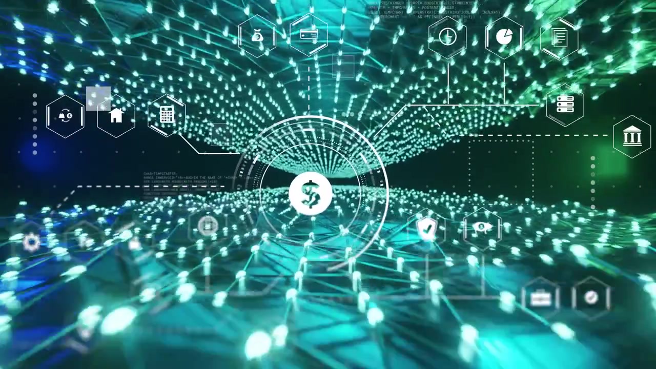 Foreground node pulsing, HUD expanding and projecting icons, showing currency flow on grid