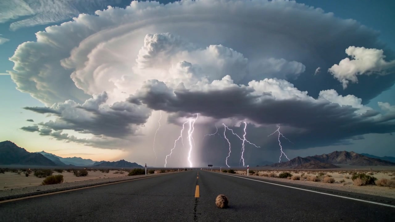 Nuvola a incudine carica che genera molteplici fulmini verso un'autostrada nel deserto, con una piccola roccia