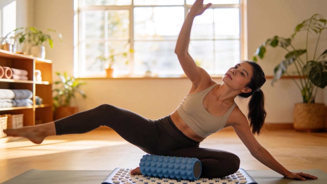 Donna in abbigliamento sportivo che esegue sollevamenti della gamba destra per il core a casa con un foam roller